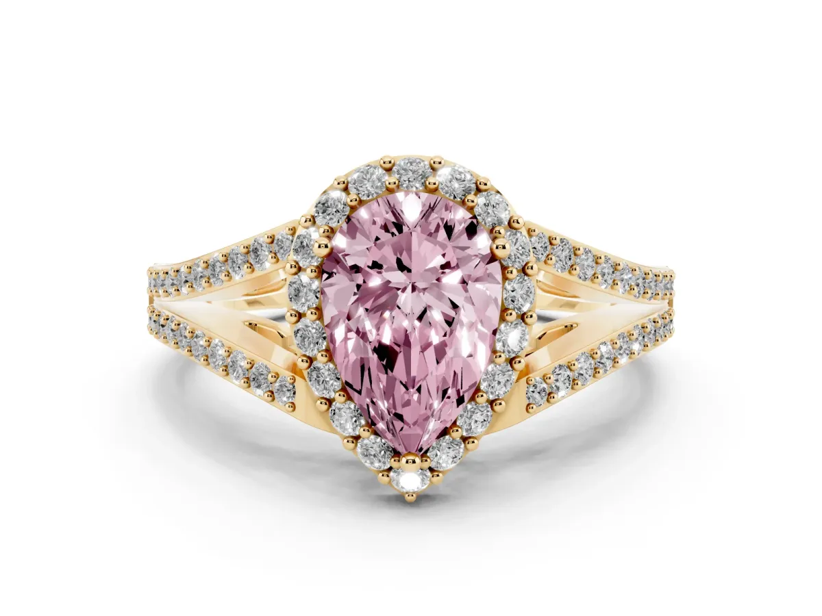 Fancy Pink Pear Cut Halo Split Shank Diamond Ring with Prong Setting Yellow gold