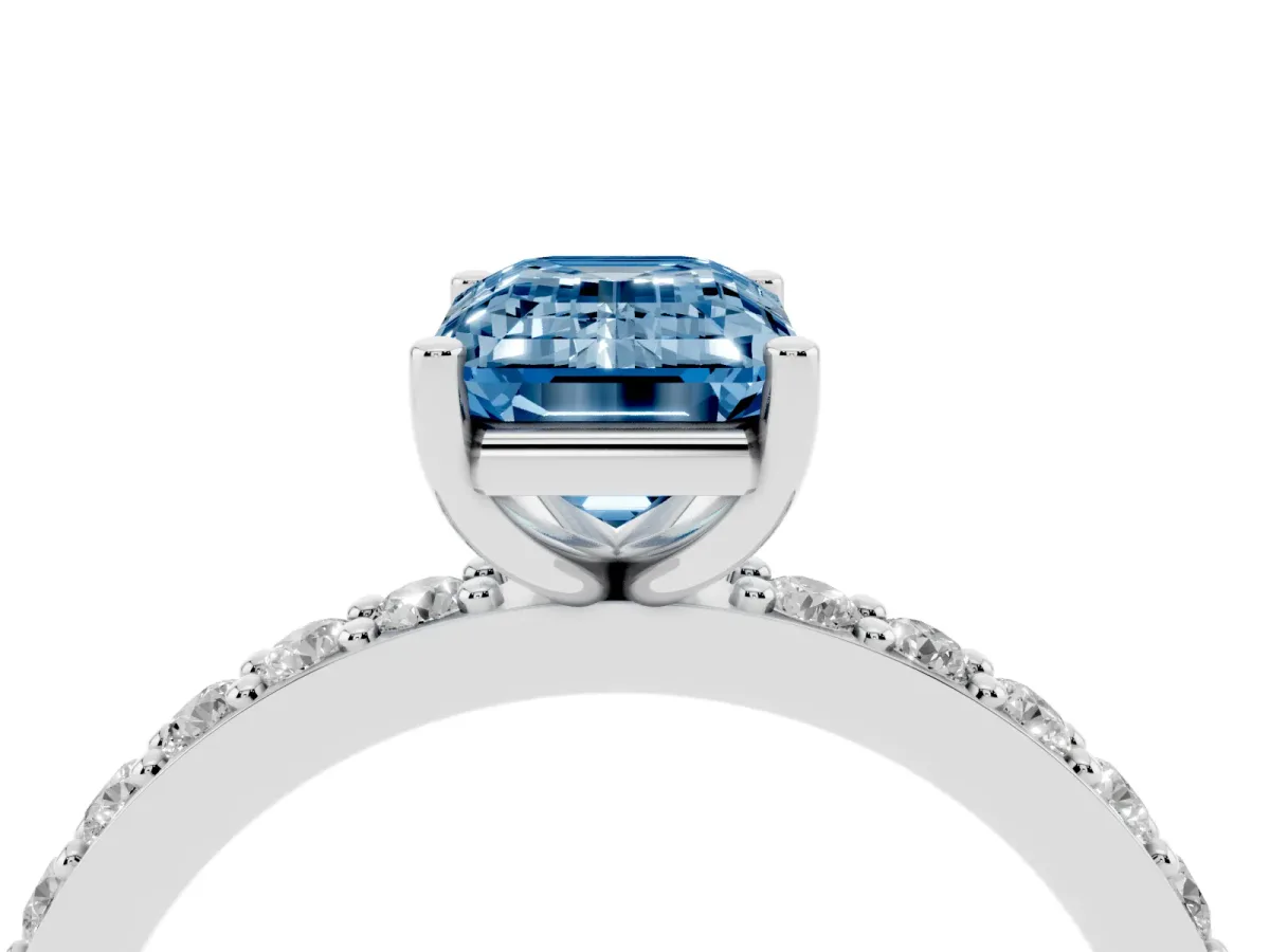 Fancy Blue Emerald Cut Cut Diamond Solitaire with Pave Band and Four-Prong Setting Silver