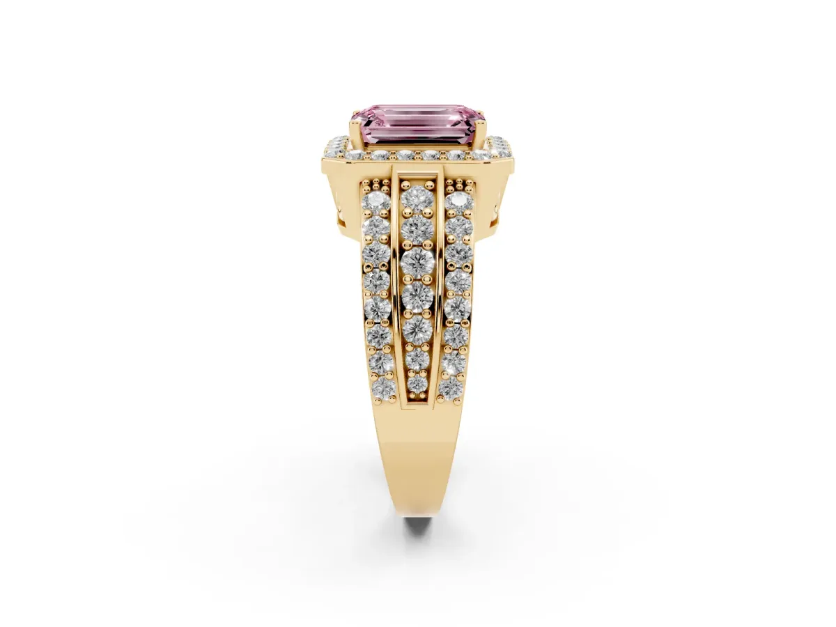 Fancy Pink Emerald Cut Halo Diamond Ring with Round Split Shank and Prong Setting Yellow gold