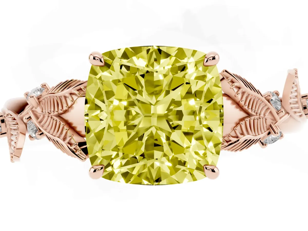 Fancy Yellow Cushion Cut Diamond Solitaire Ring with Leaf Motif Band and Four-Prong Setting Rose gold