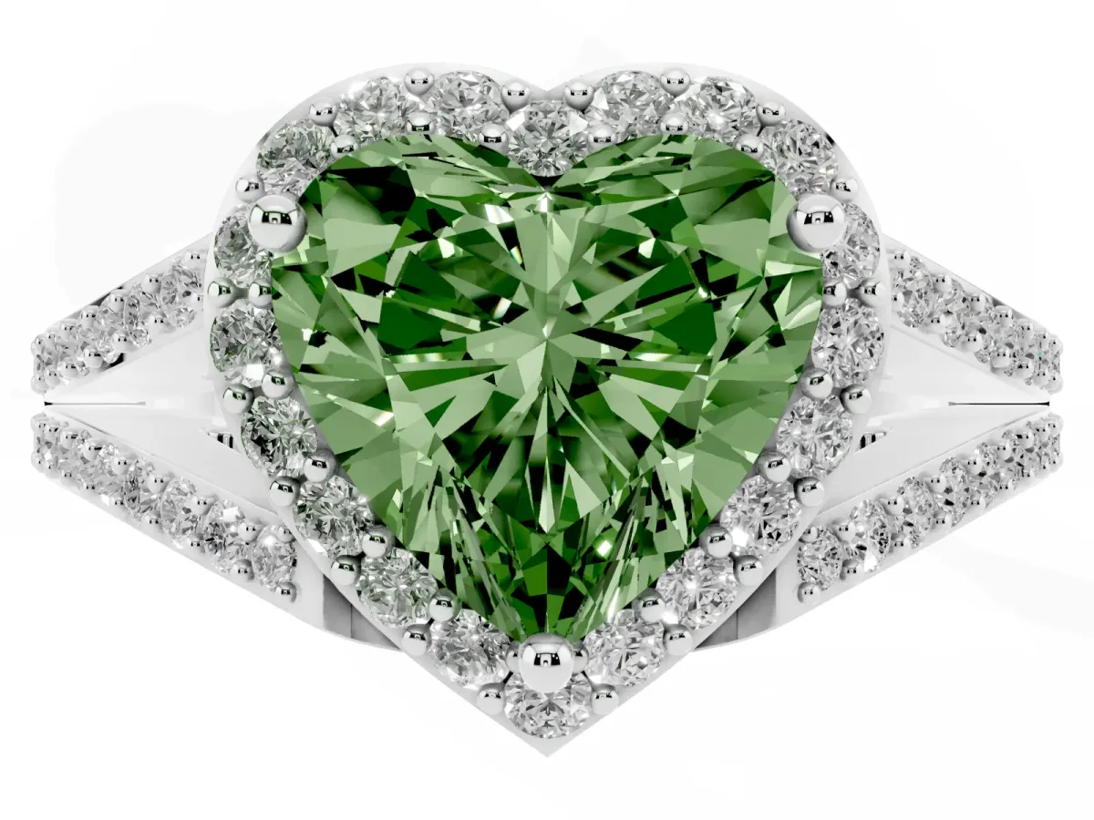 Fancy Green Heart Cut Halo Split Shank Diamond Ring with Prong Setting White gold