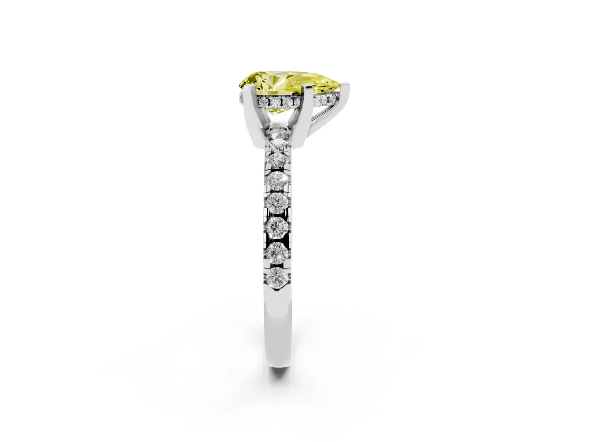 Fancy Yellow Pear Cut Diamond Solitaire Ring with Round Pavé Band and Four-Prong Setting Silver