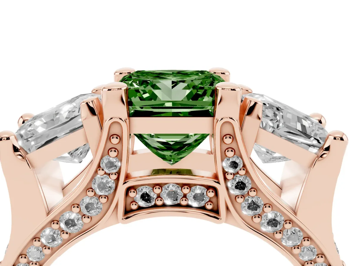 Fancy Green Princess Cut Diamond Three-Stone Ring with Channel Set Band and Four-Prong Setting Rose gold