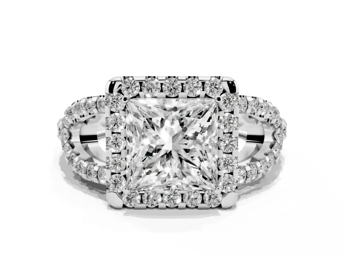 Princess Cut Cut Diamond Halo Engagement Ring with Open Split Pavé Band Platinum