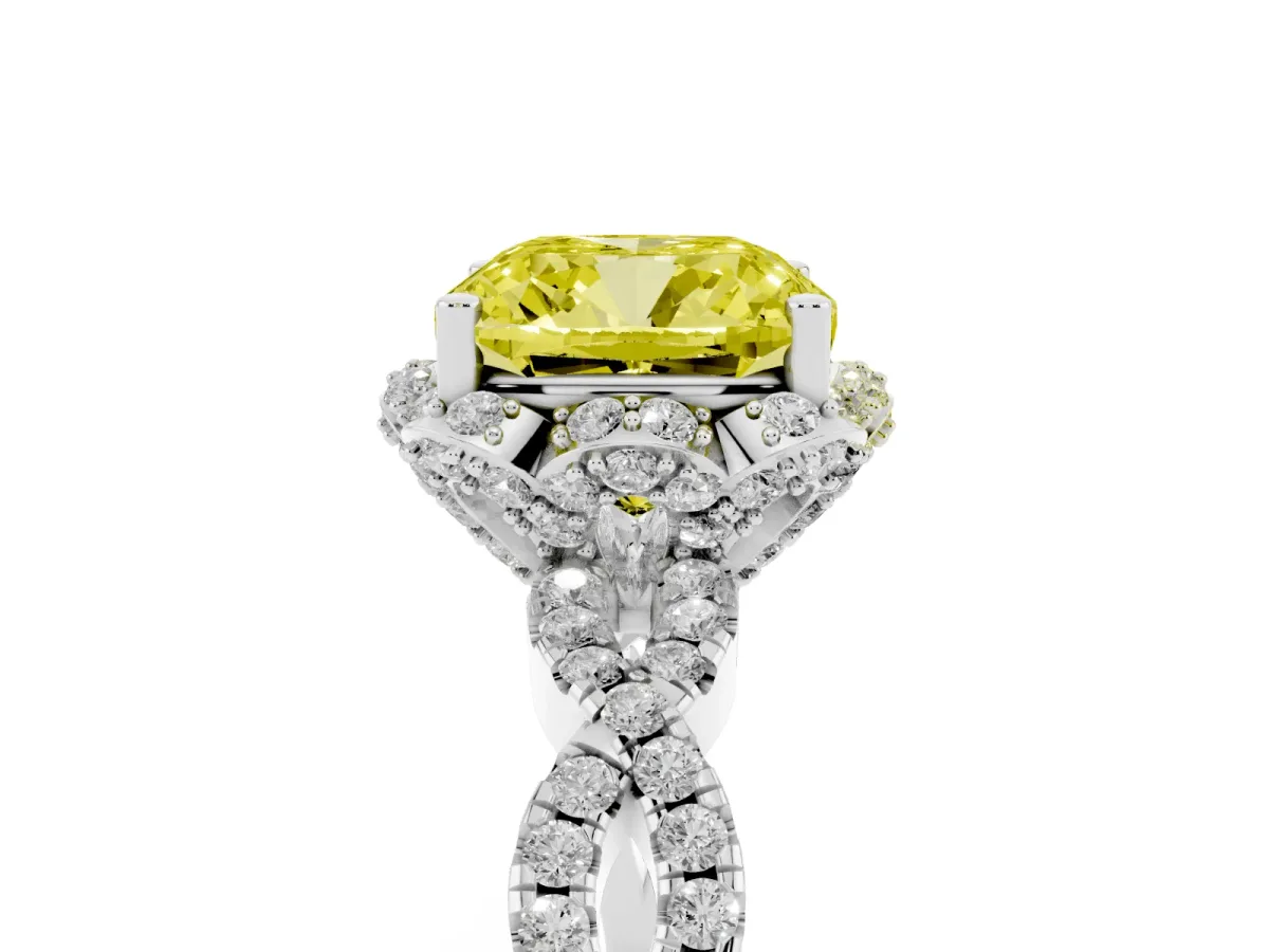 Fancy Yellow Cushion Cut Halo Twist Band Solitaire Ring with Six-Prong Setting Silver