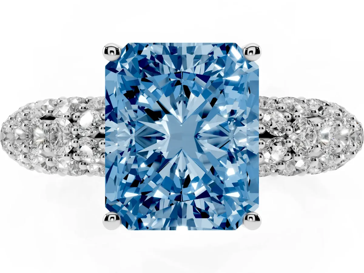 Fancy Blue Radiant Cut Diamond Pavé Band Solitaire Ring with Four-Prong Setting Platinum