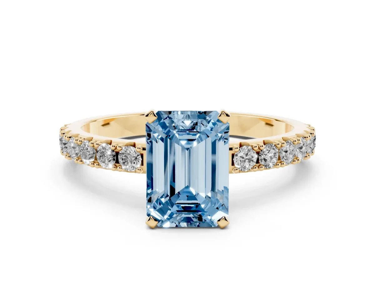 Fancy Blue Emerald Cut Diamond Solitaire Pavé Band with Four-Prong Setting Yellow gold