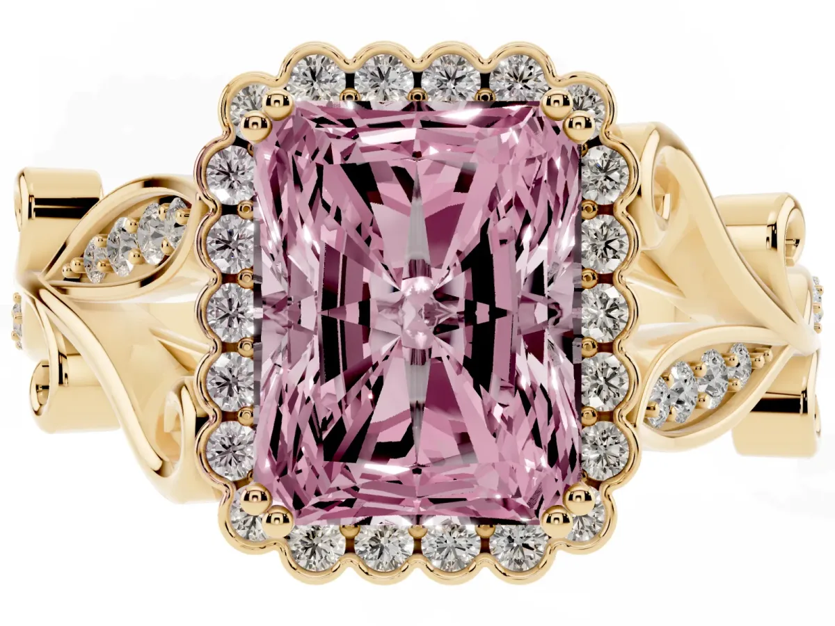 Fancy Pink Radiant Cut Diamond Halo Ring with Vintage Split Shank and Four-Prong Setting Yellow gold