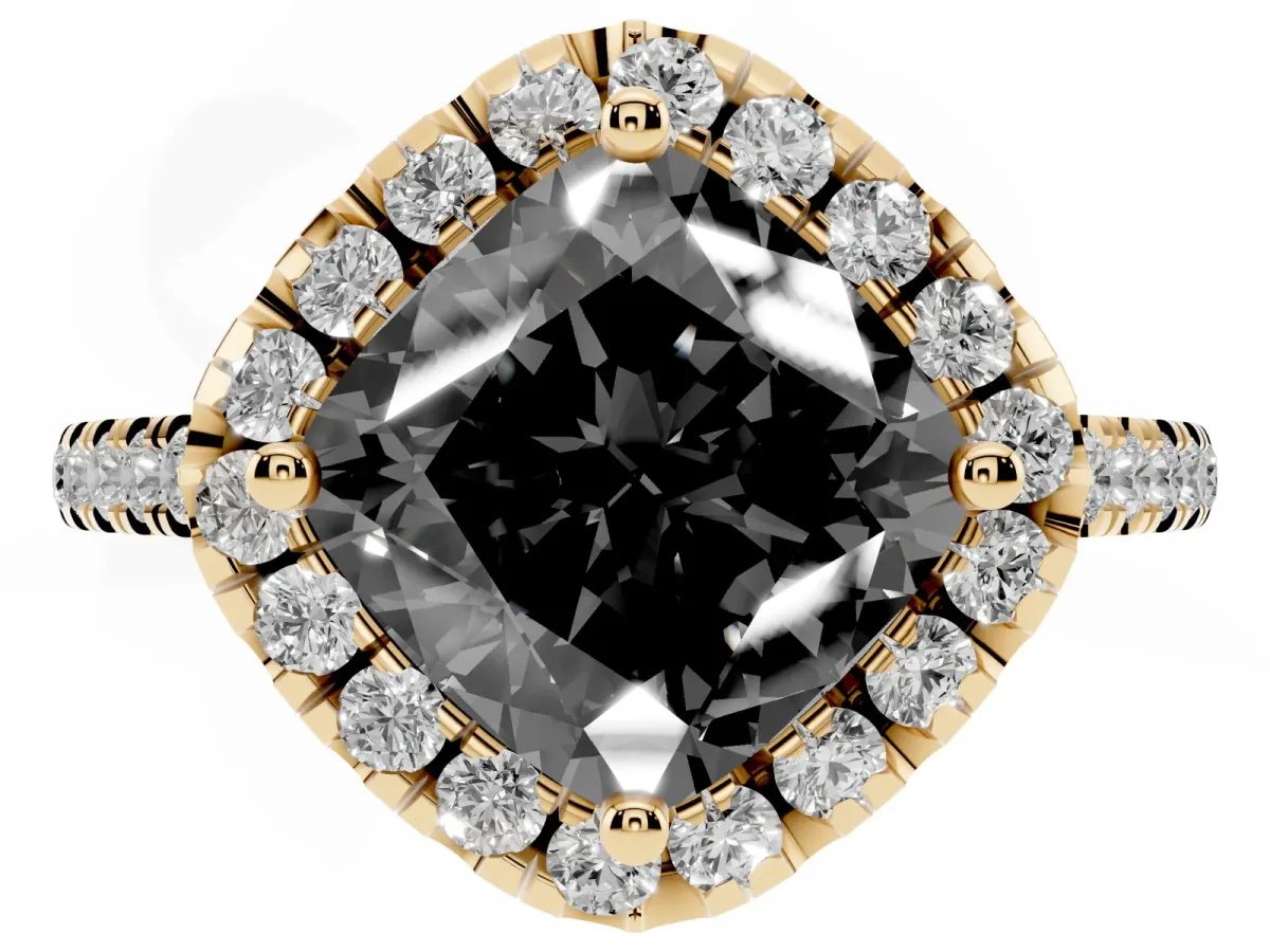 Fancy Black Cushion Cut Diamond Cushion Halo Ring with Pavé Band Yellow gold