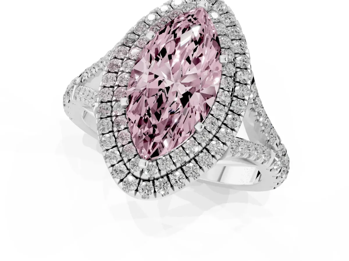 Fancy Pink Marquise Cut Diamond Pavé Split Shank Double Halo Engagement Ring Silver