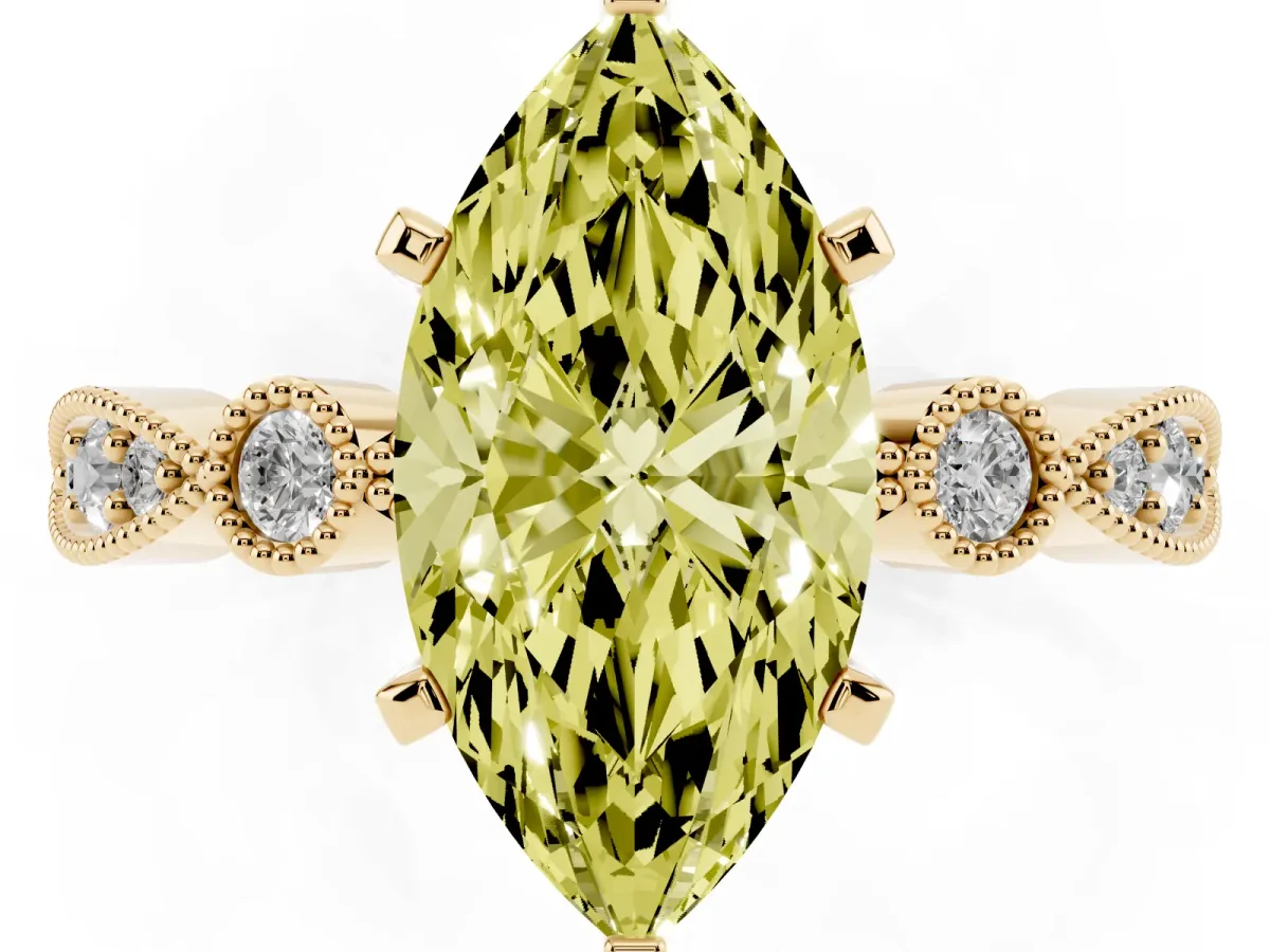 Fancy Yellow Marquise Cut Milgrain Bezel Diamond Engagement Ring with Solitaire Prong Setting Yellow gold