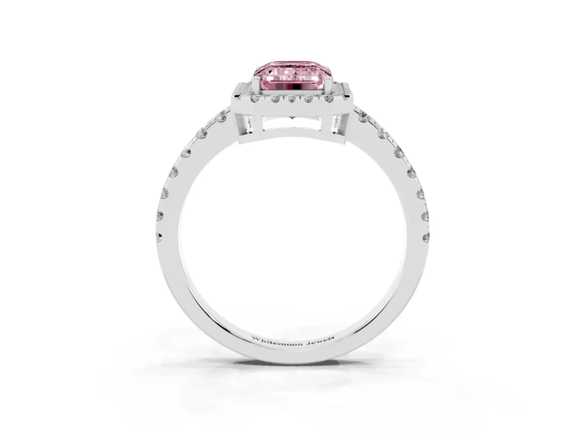 Fancy Pink Emerald Cut Diamond Halo Ring with Pavé Band and Four-Prong Setting Silver
