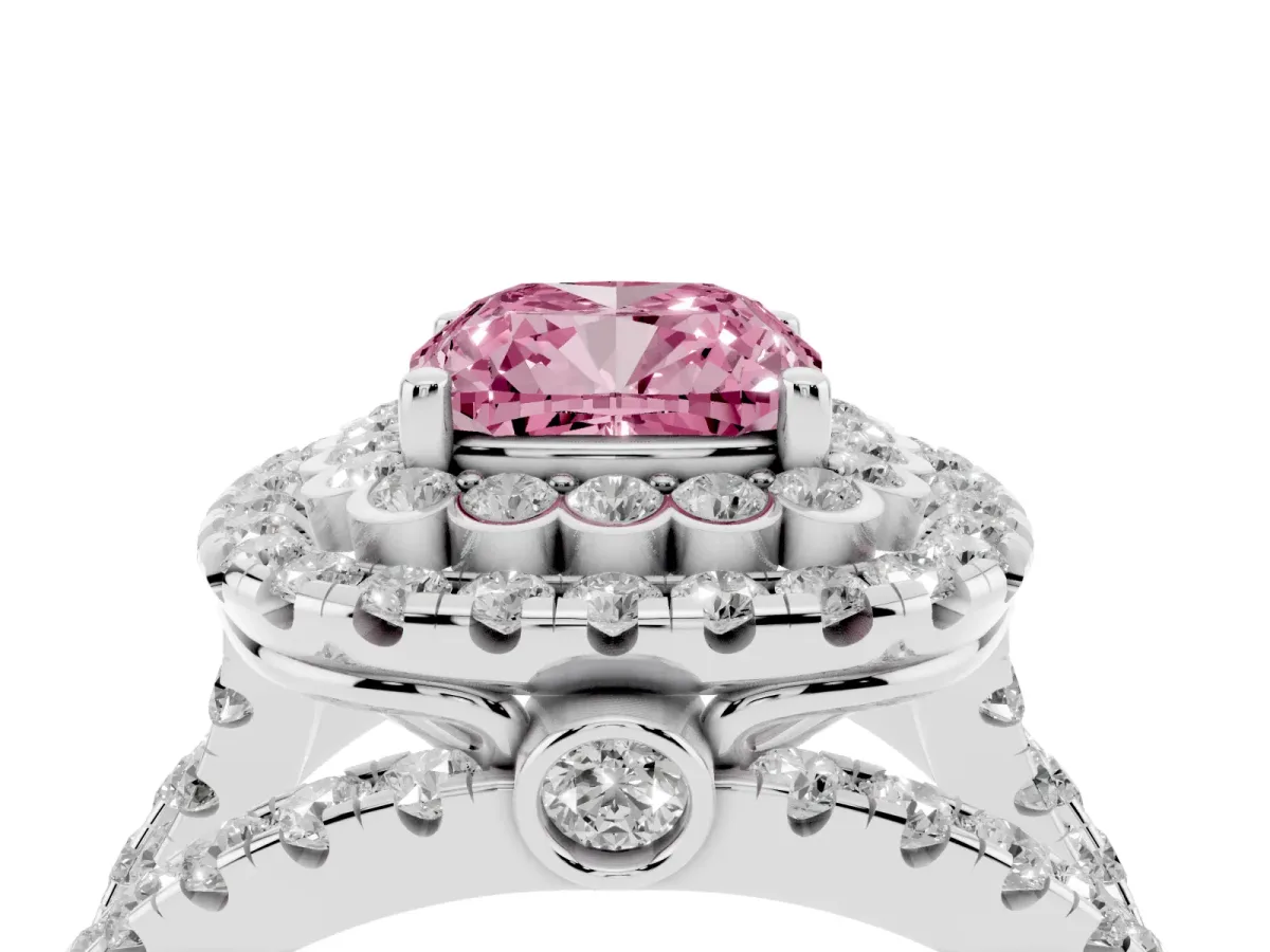 Fancy Pink Cushion Cut Diamond Double Halo Ring with Round Pavé Split Shank and Prong Setting Silver