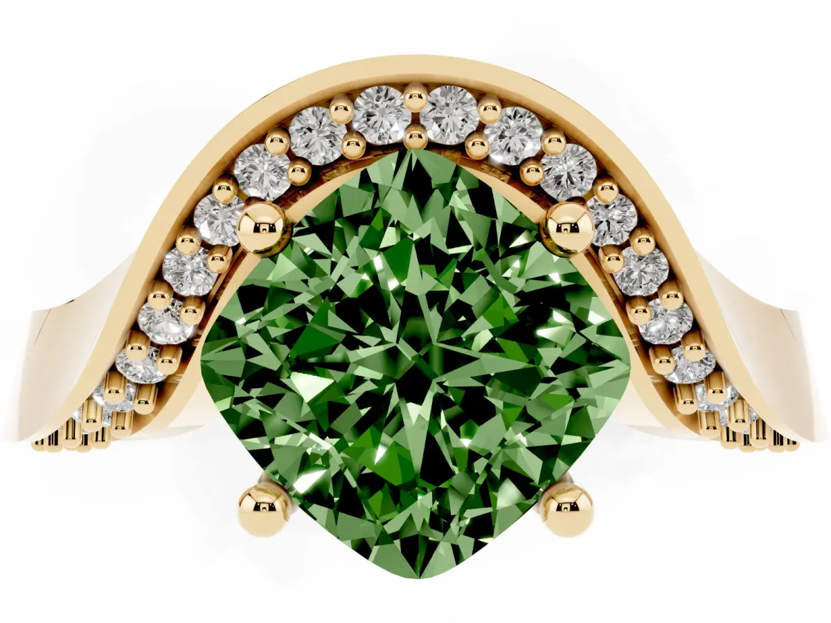 Fancy Green Cushion Cut Solitaire Diamond Engagement Ring with Pave Band and Four-Prong Setting Yellow gold