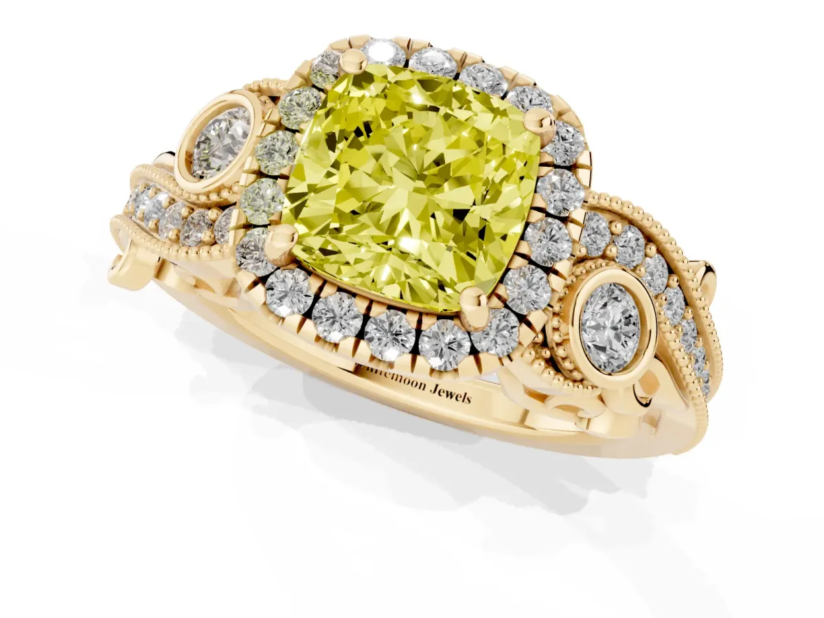 Fancy Yellow Cushion Cut Halo Diamond Ring with Milgrain and Bezel Accents on a Split Shank Band Yellow gold