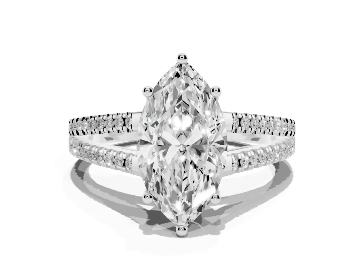 Marquise Cut Diamond Solitaire Engagement Ring with Split Shank Pavé Band Silver