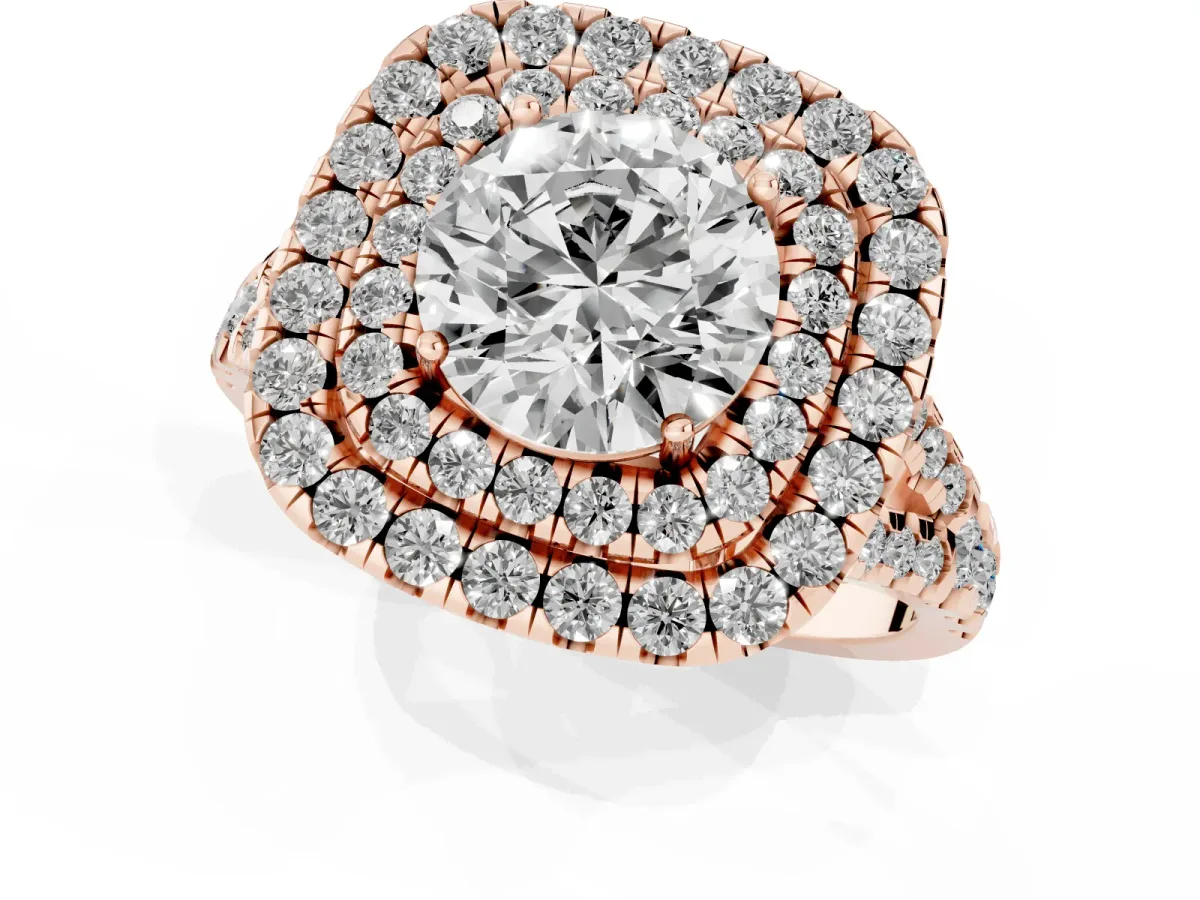 Double Halo Round Cut Diamond Pavé Split Shank Ring with Prong Setting Rose gold