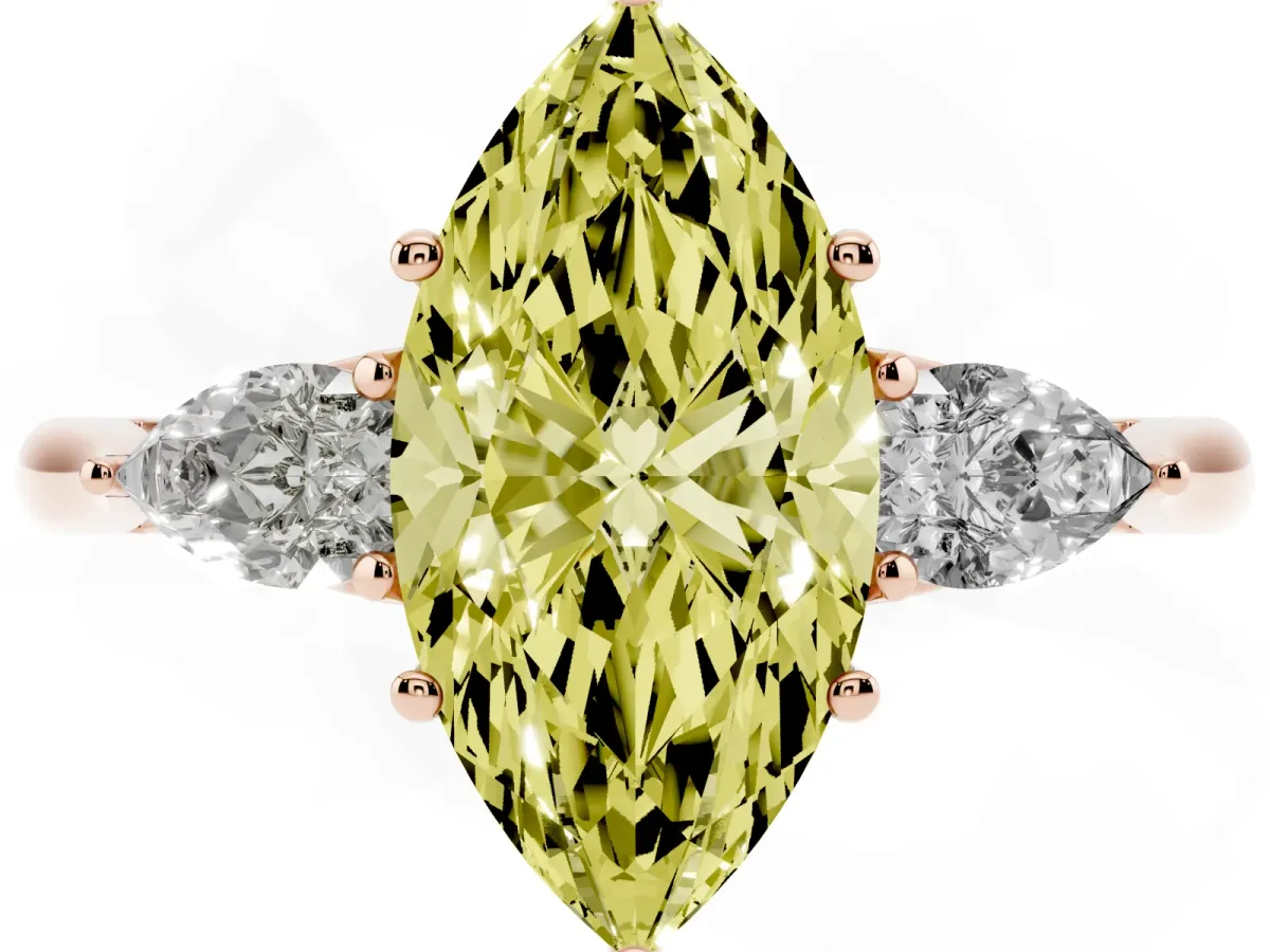 Fancy Yellow Three-Stone Marquise Cut Diamond Ring with Pear Side Stones in Four-Prong Setting Rose gold