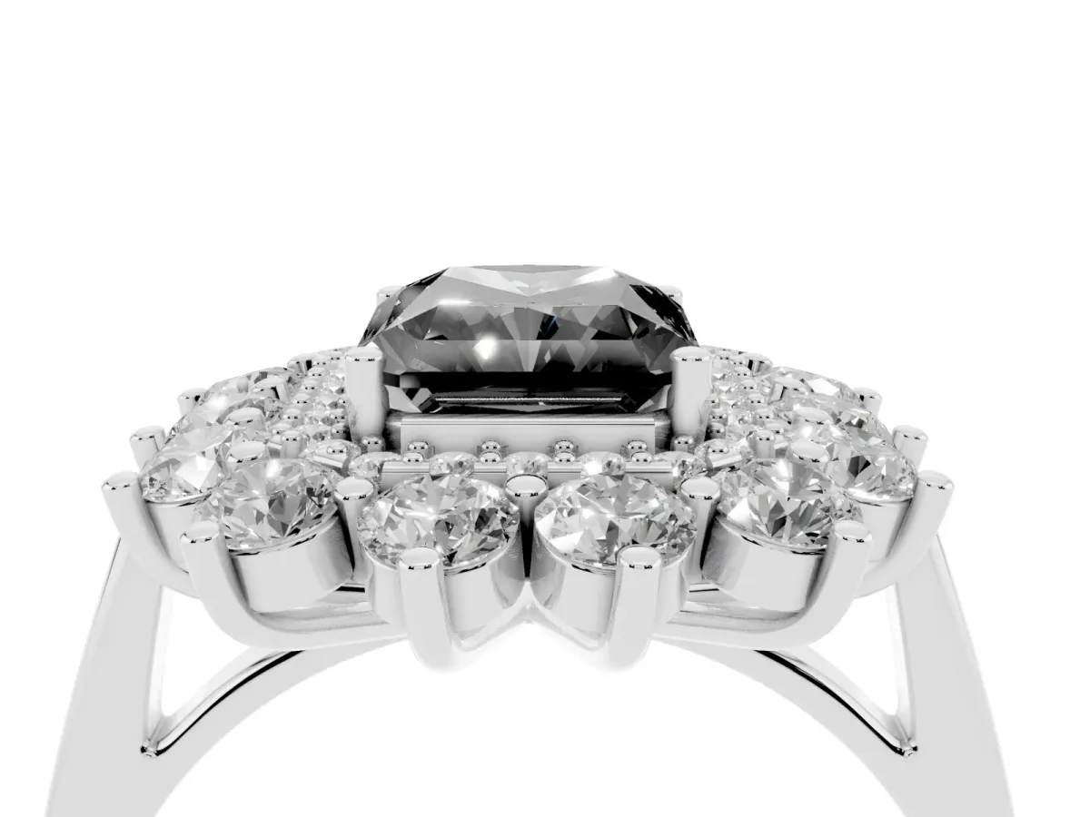 Fancy Black Radiant Cut Diamond Floral Double Halo Engagement Ring with Prong Setting Silver