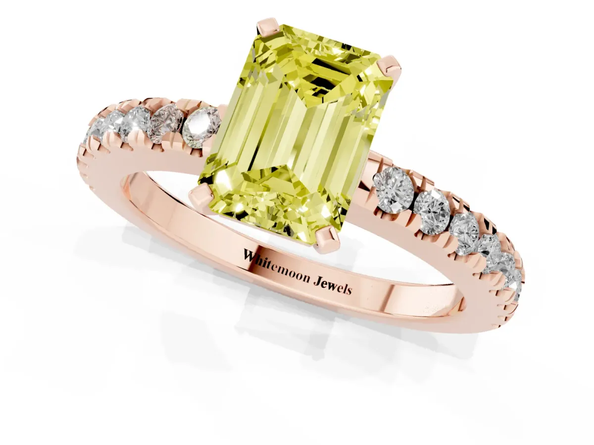 Fancy Yellow Emerald Cut Solitaire Diamond with Pavé Band and Four-Prong Setting Rose gold