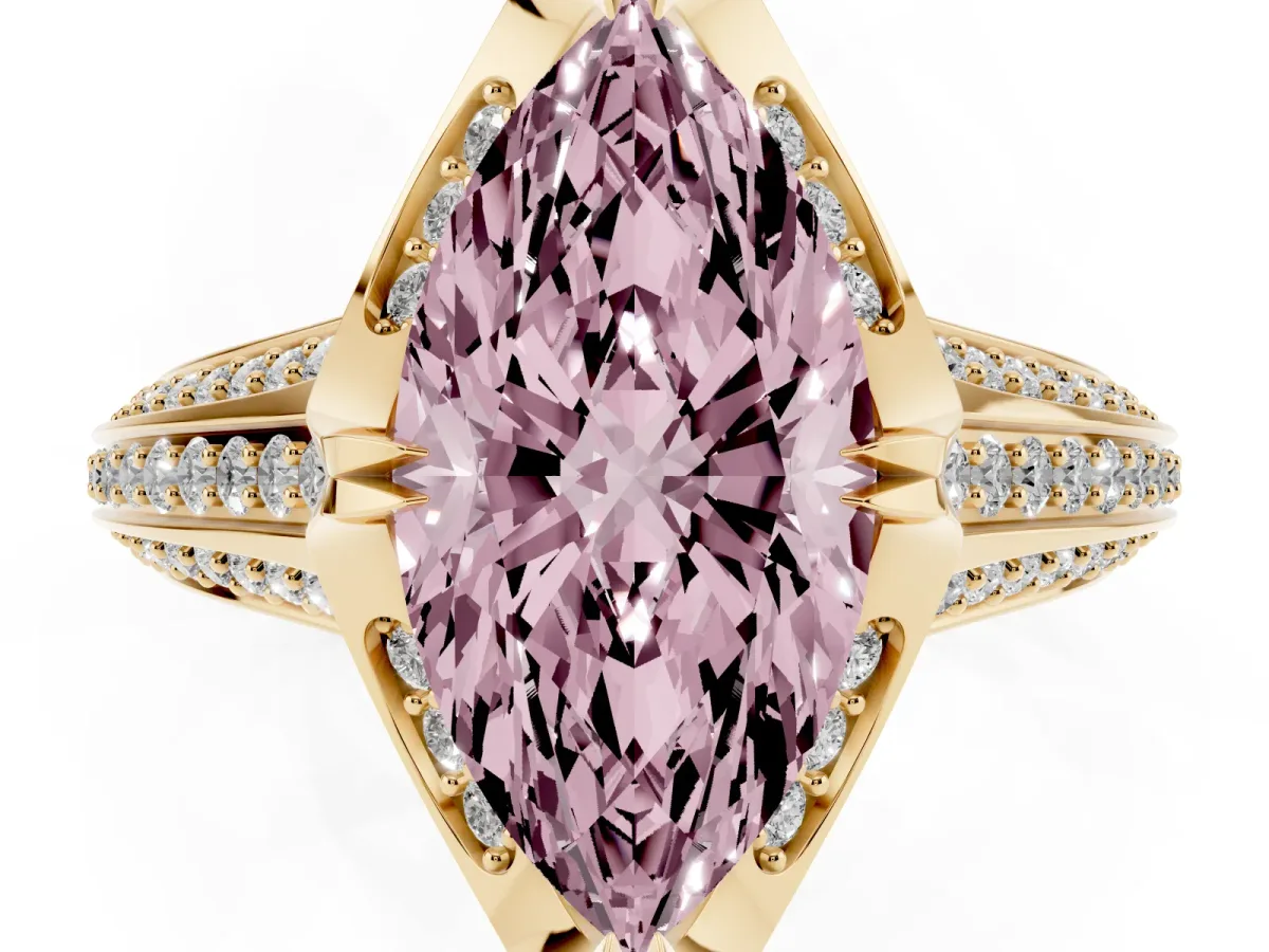 Fancy Pink Marquise Cut Solitaire Pave Split Shank Ring with Four-Prong Setting Yellow gold