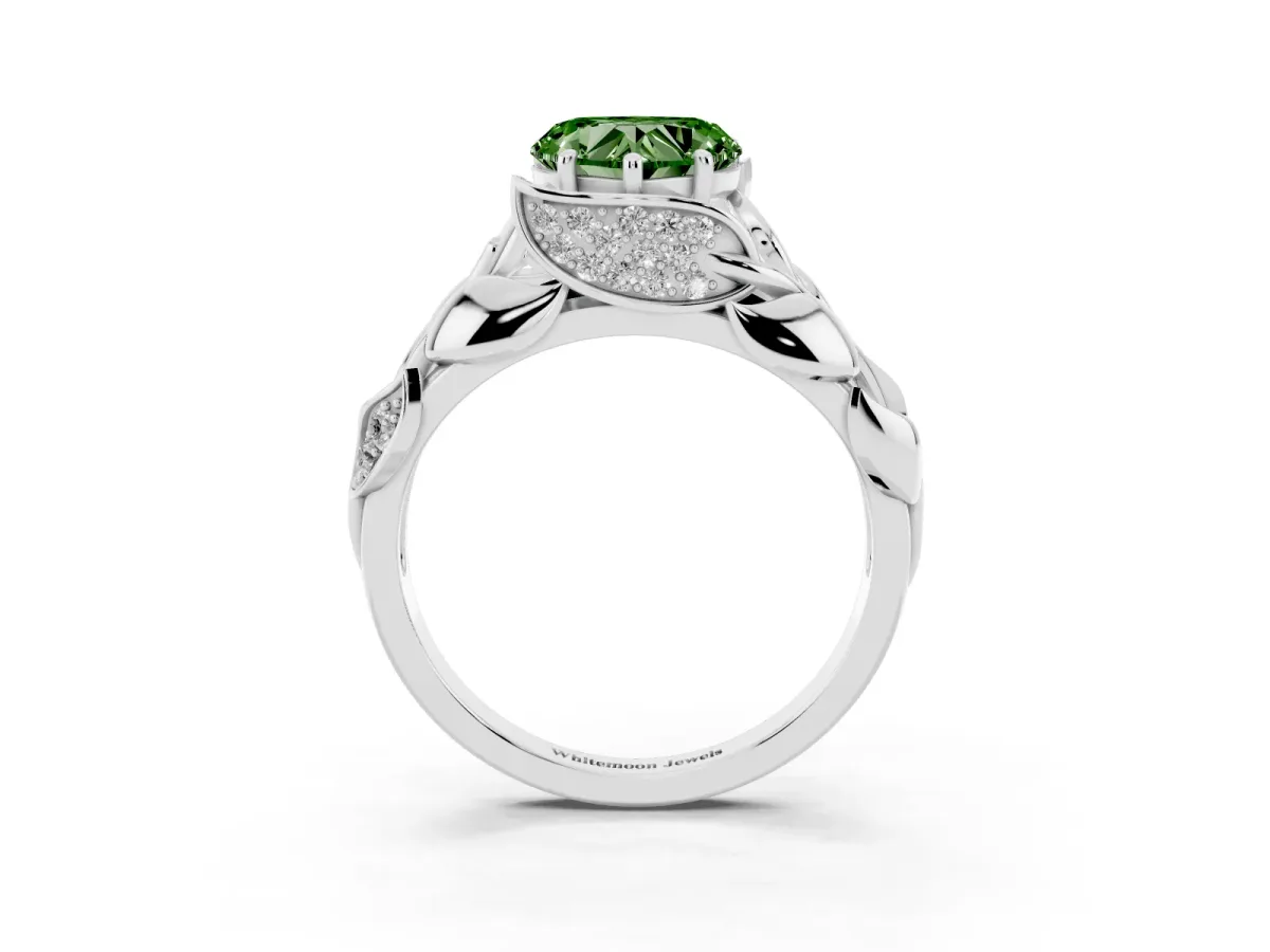 Fancy Green Heart Cut Diamond Leaf-Inspired Engagement Ring with Round Accents and Prong Setting White gold