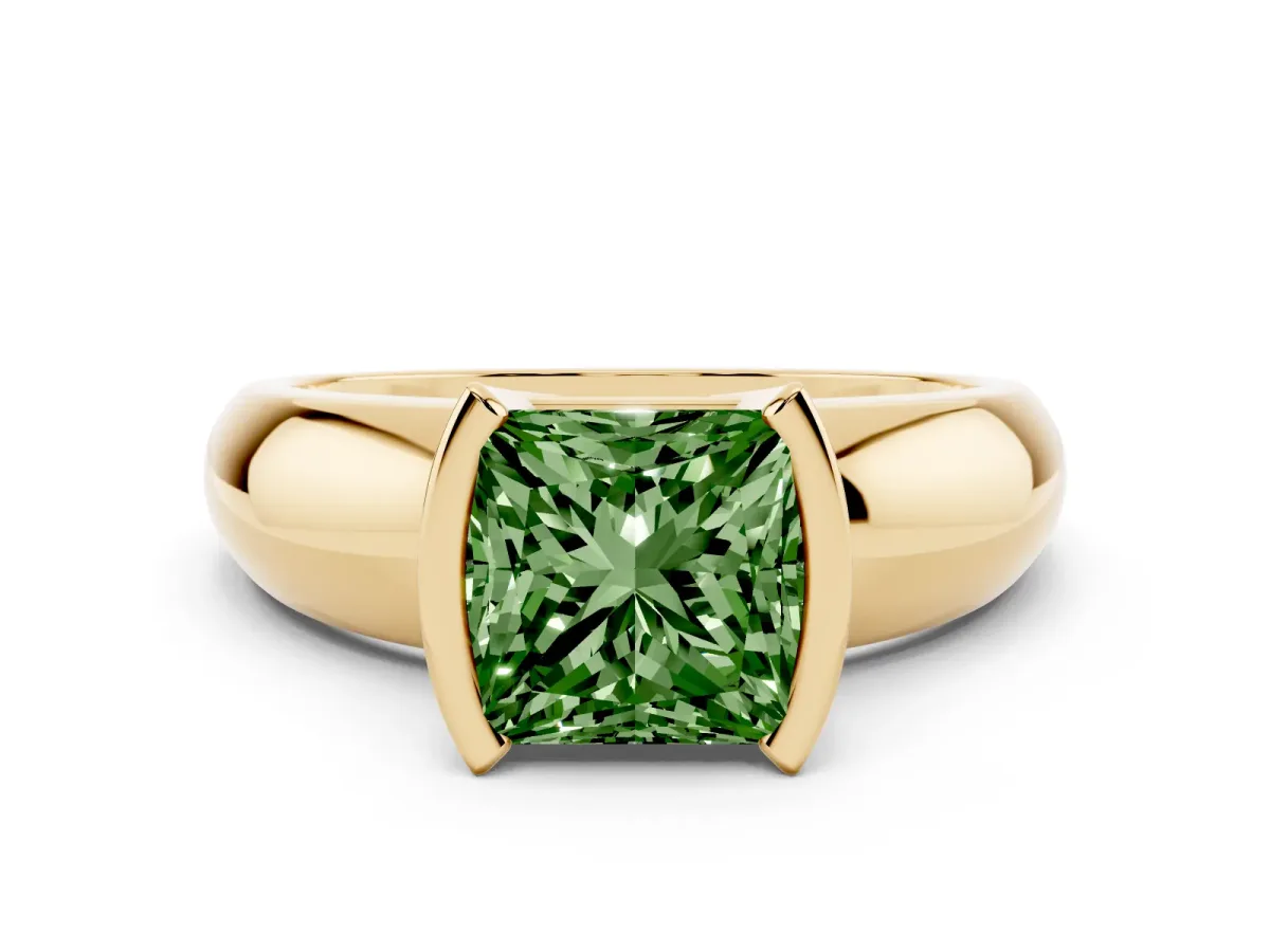 Fancy Green Princess Cut Solitaire Tension Set Diamond Ring with Wide Band Yellow gold