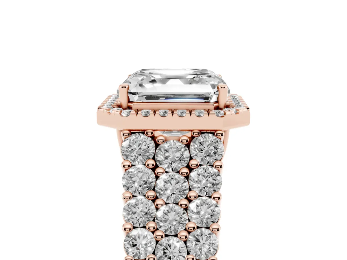 Asscher Cut Diamond Halo Engagement Ring with Triple Row Round Pavé Band and Prong Setting Rose gold