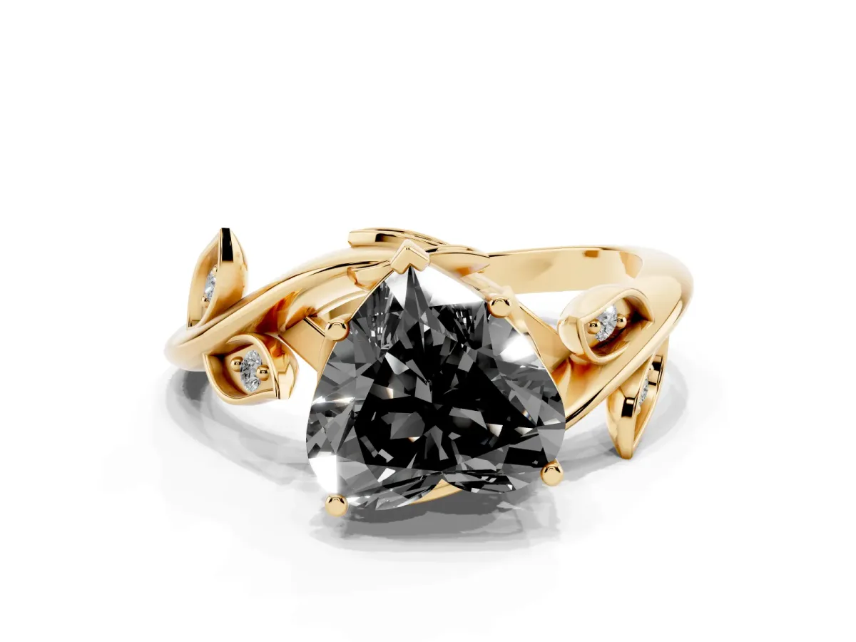 Fancy Black Heart Cut Solitaire Twist Engagement Ring with Leaf Accents and Prong Setting Yellow gold