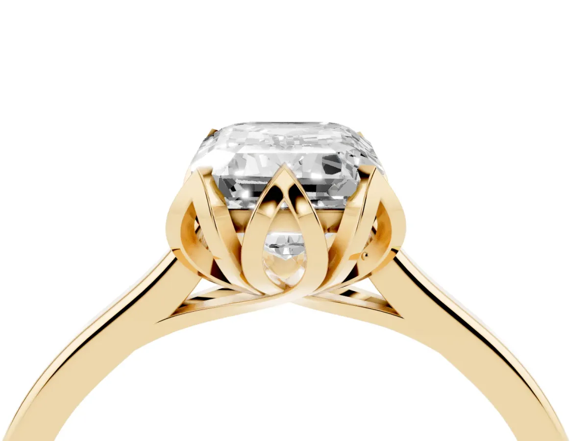 Emerald Cut Diamond Solitaire Ring with Flower Prong Setting and Classic Band Yellow gold