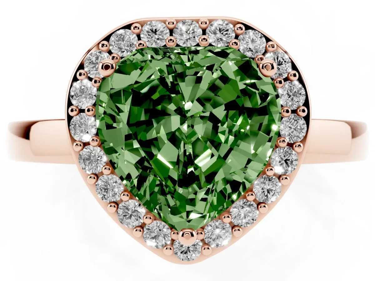 Fancy Green Heart Cut Halo Diamond Ring with Solitaire Band and Prong Setting Rose gold