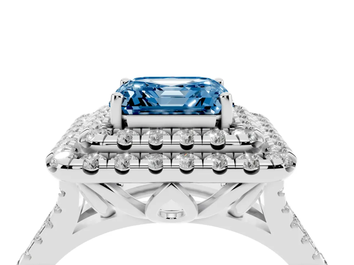 Fancy Blue Double Halo Asscher Cut Diamond Pavé Split Shank Ring with Prong Setting Platinum