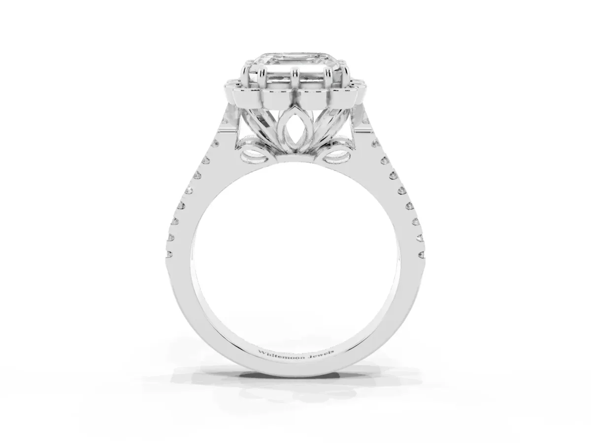 Asscher Cut Halo Diamond Floral Split Shank Engagement Ring Silver