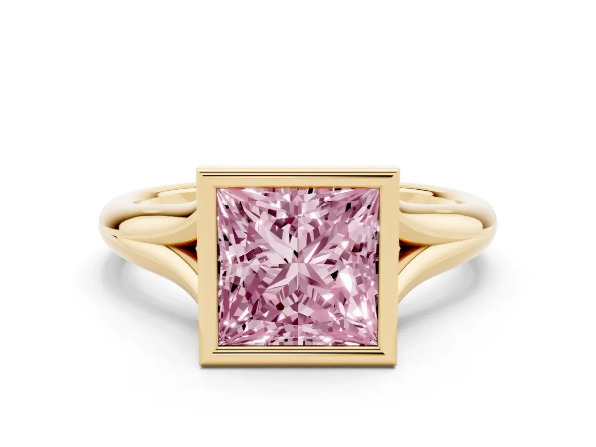Fancy Pink Bezel Set Princess Cut Solitaire Diamond Ring with Smooth Band Yellow gold
