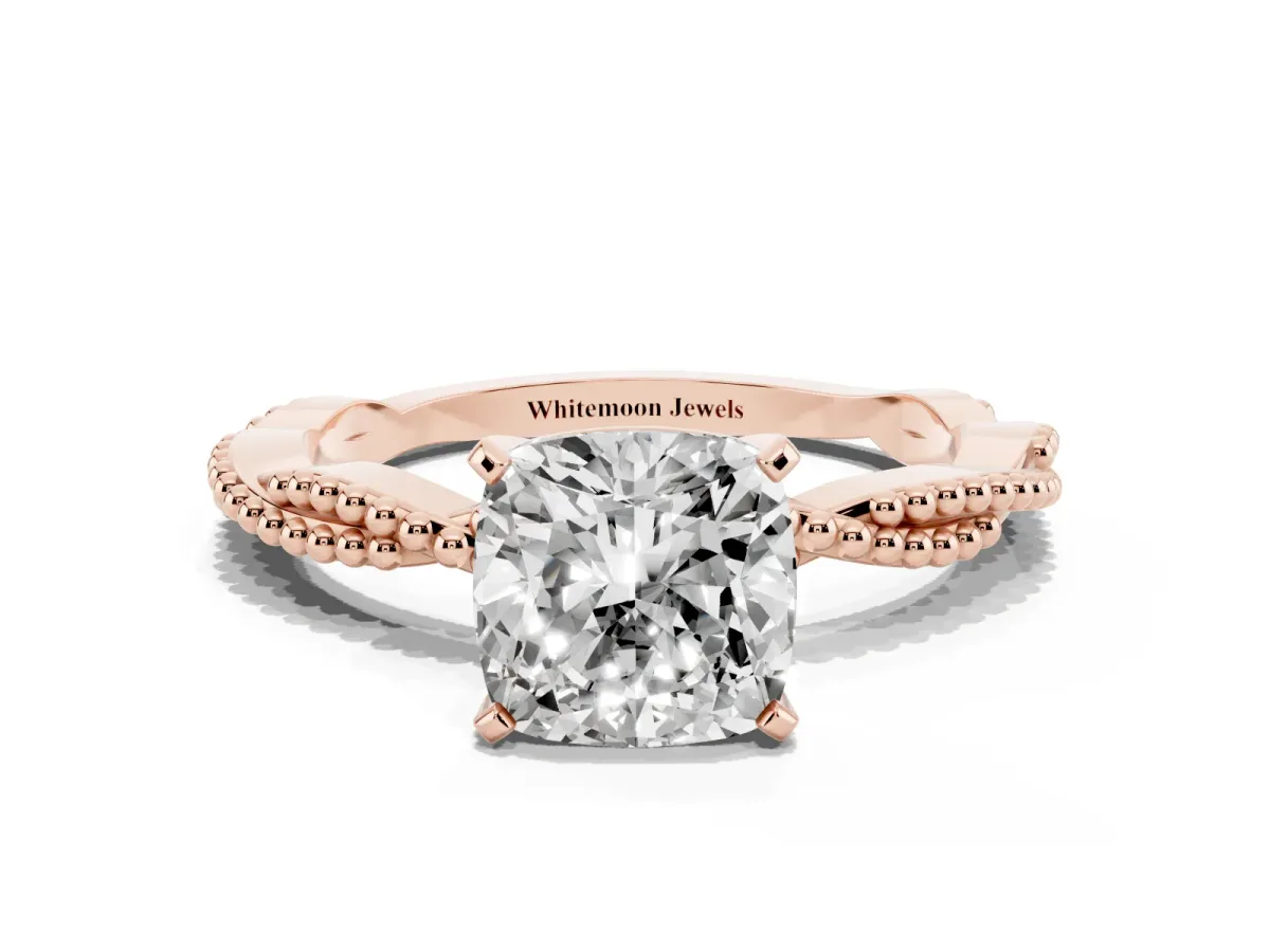 Cushion Cut Solitaire Twisted Band with Bead Prong Setting Rose gold