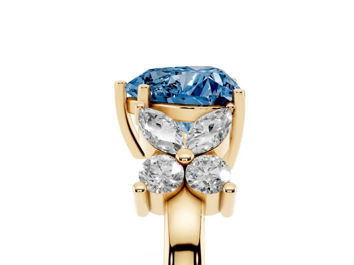 Fancy Blue Heart Cut Diamond Floral Cluster Ring with Solitaire Band and Prong Setting Yellow gold
