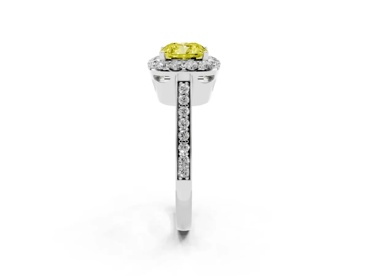 Fancy Yellow Cushion Cut Diamond Floral Halo Ring with Pavé Band and Prong Setting Platinum