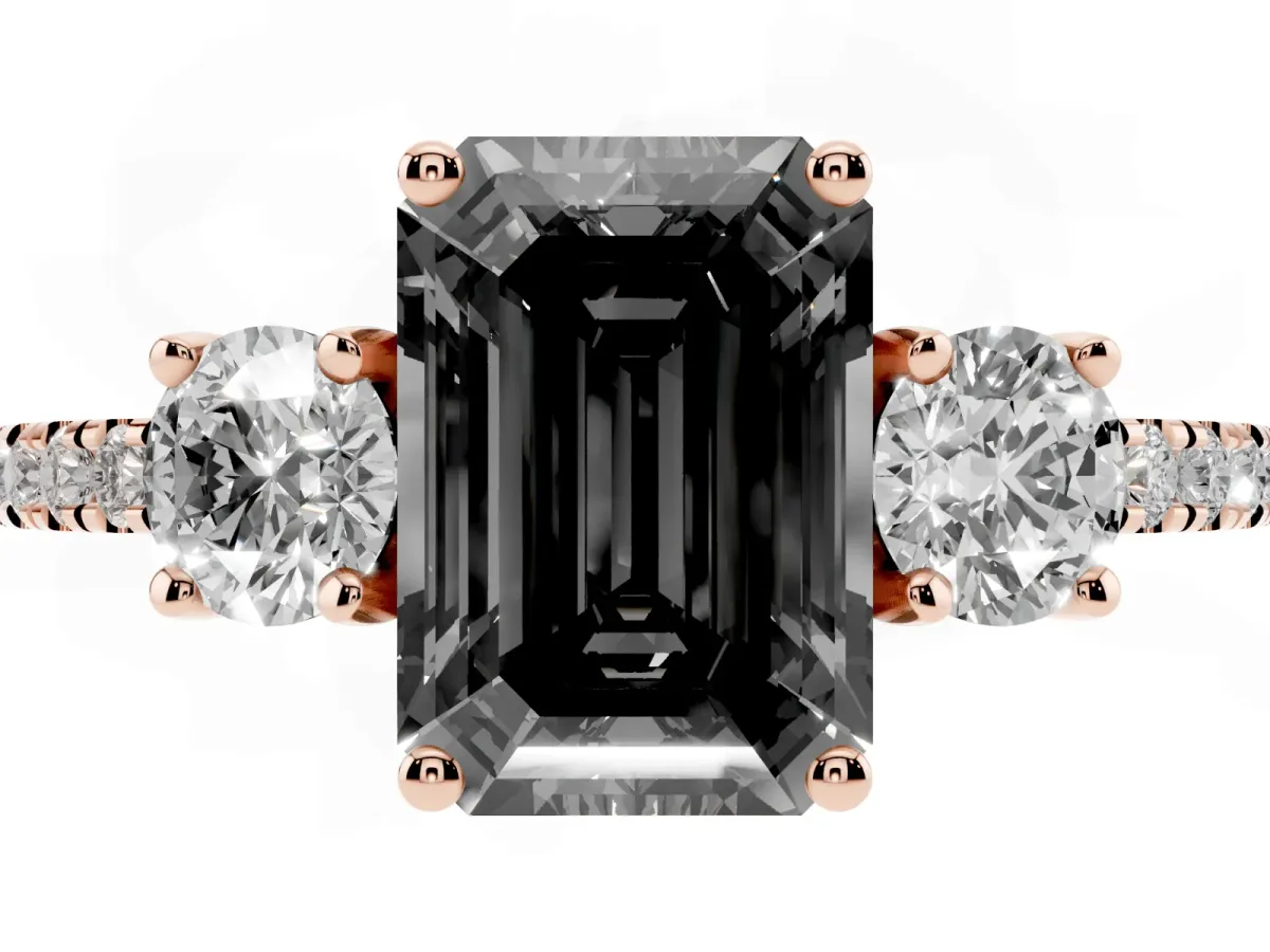 Fancy Black Three-Stone Emerald Cut Cut Diamond Pavé Band with Prong Setting Rose gold