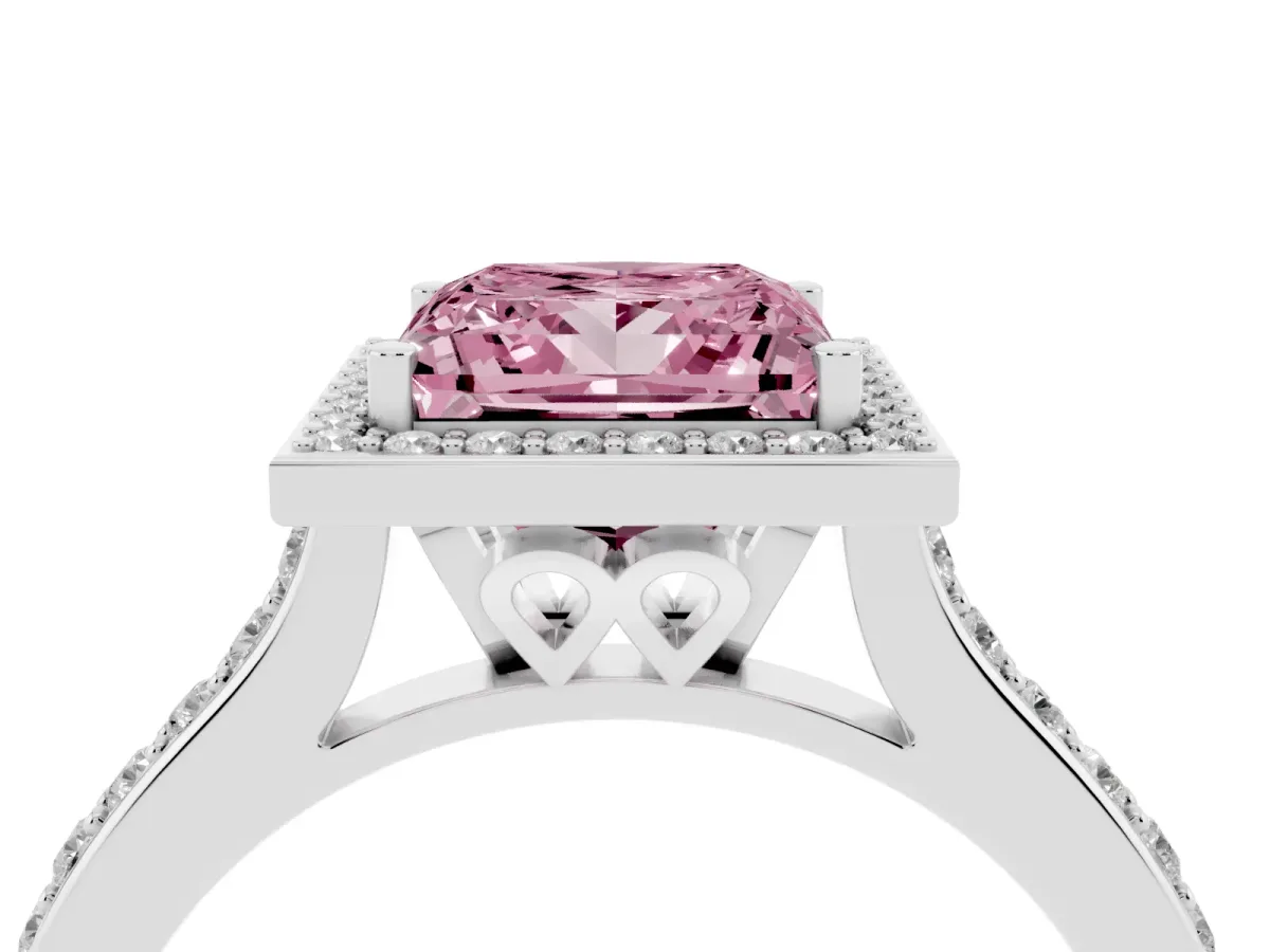 Fancy Pink Princess Cut Diamond Halo Engagement Ring with Round Pavé Shoulders and Prong Setting Silver