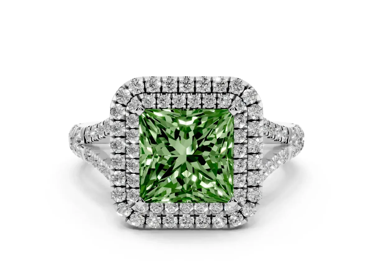 Fancy Green Princess Cut Diamond Double Halo Ring with Split Shank and Prong Setting Silver