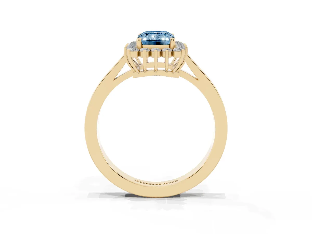 Fancy Blue Emerald Cut Cut Diamond Halo Ring with Round Brilliant Halo and Solitaire Band Yellow gold