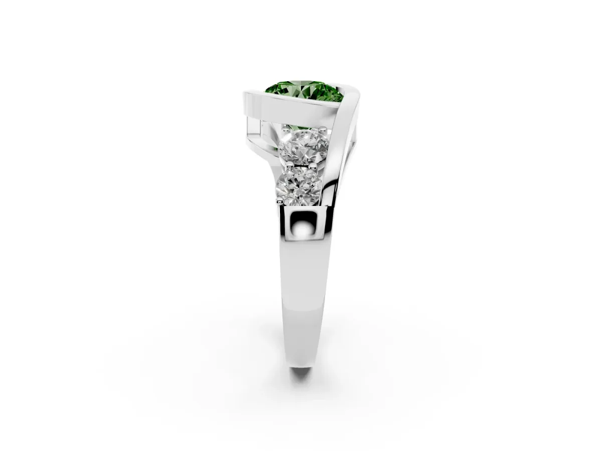 Fancy Green Bezel Set Round Cut Diamond Bypass Ring with Round Accents Silver