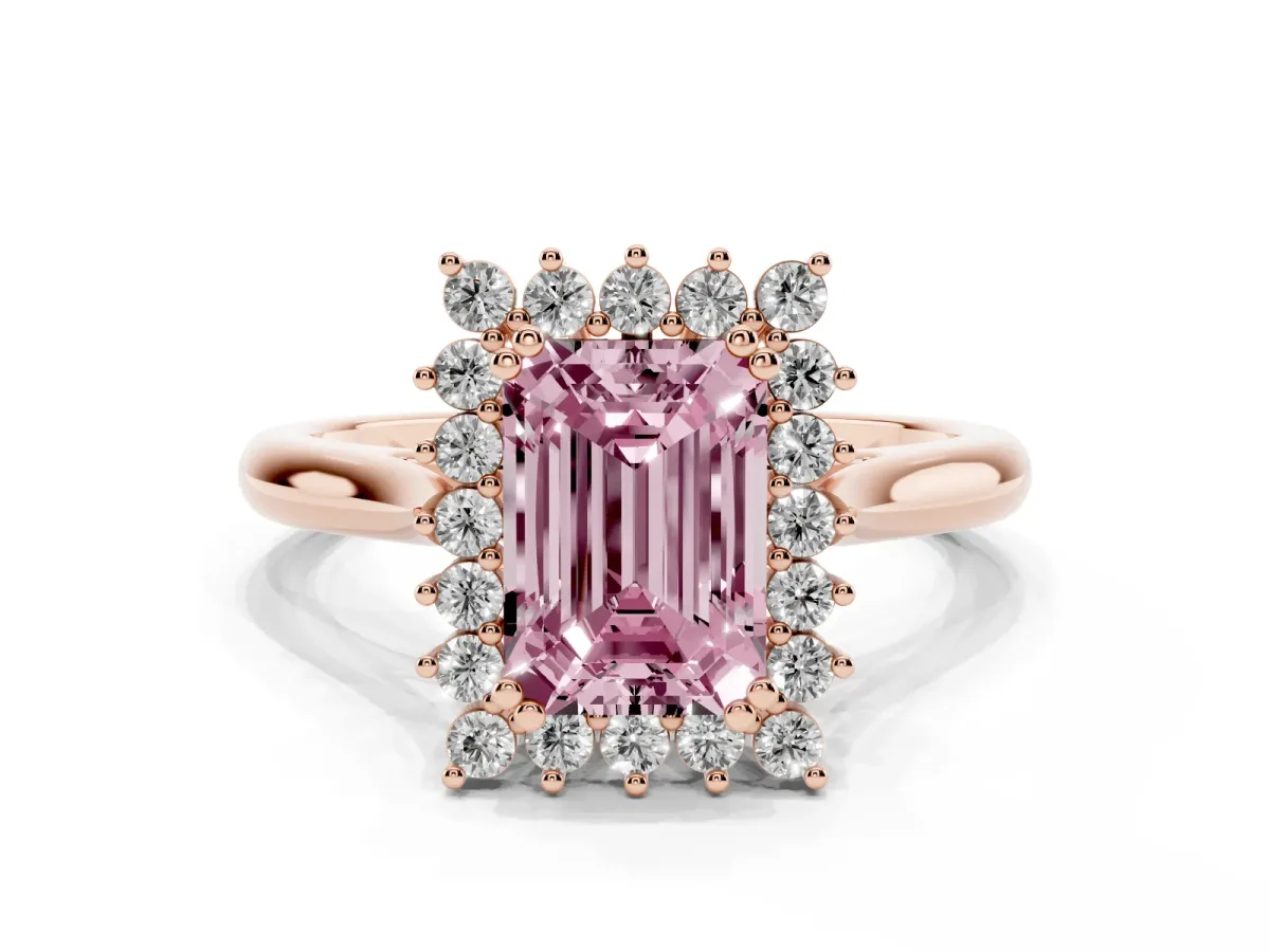 Fancy Pink Emerald Cut Cut Diamond Halo Ring with Solitaire Band and Prong Setting Rose gold