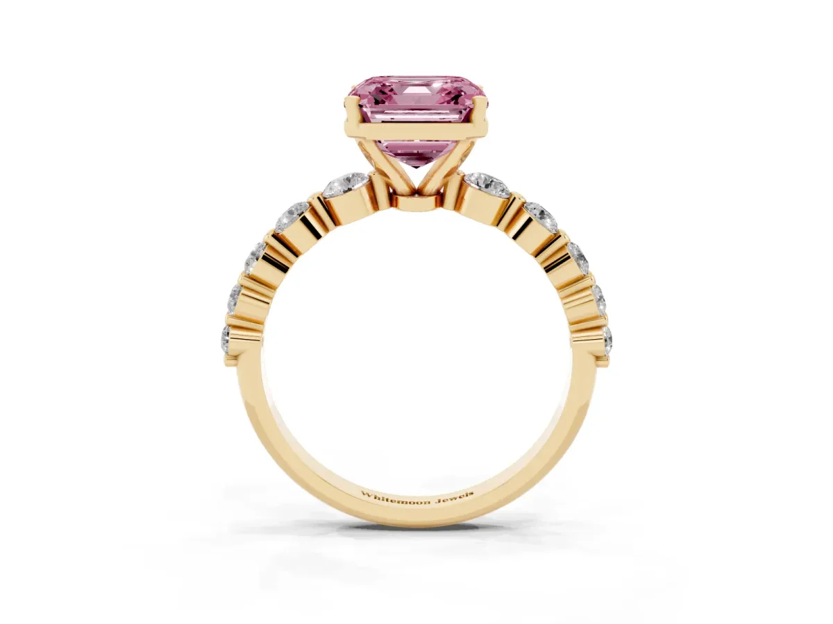 Fancy Pink Asscher Cut Solitaire Diamond Ring with Pave Band and Four-Prong Setting Yellow gold