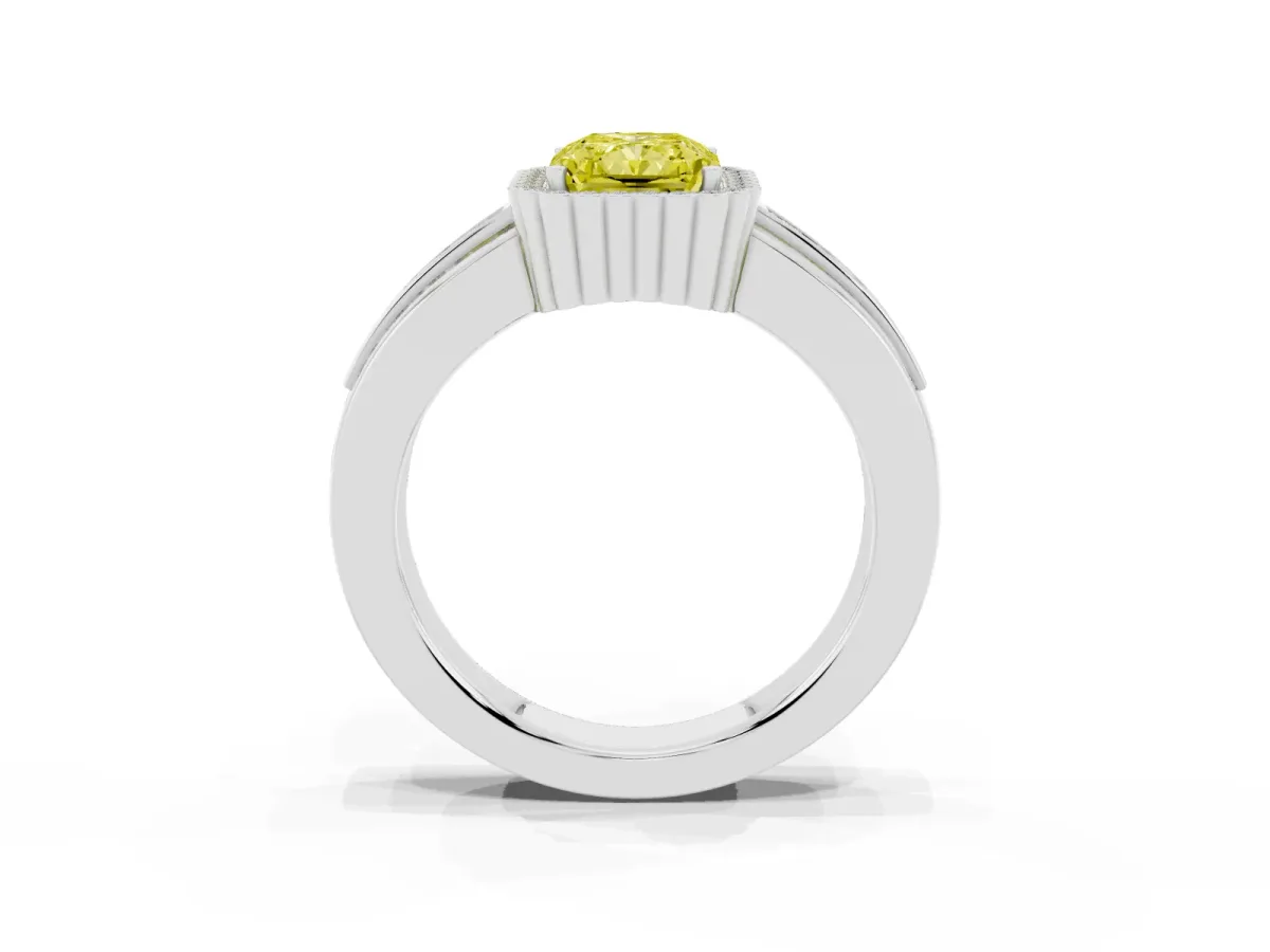 Fancy Yellow Radiant Cut Cut Halo Pave Band Four-Prong Ring Platinum