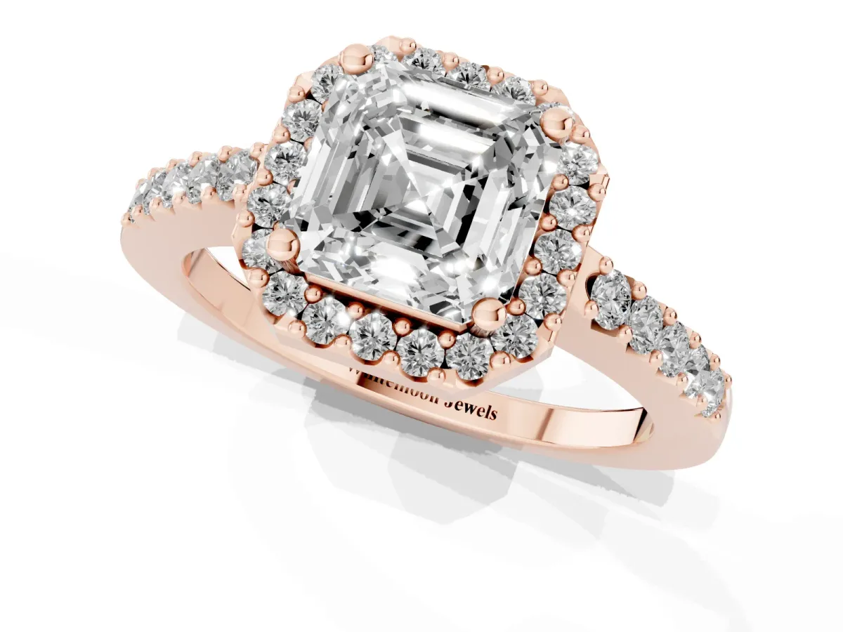 Asscher Cut Halo Diamond Pavé Solitaire Ring Rose gold