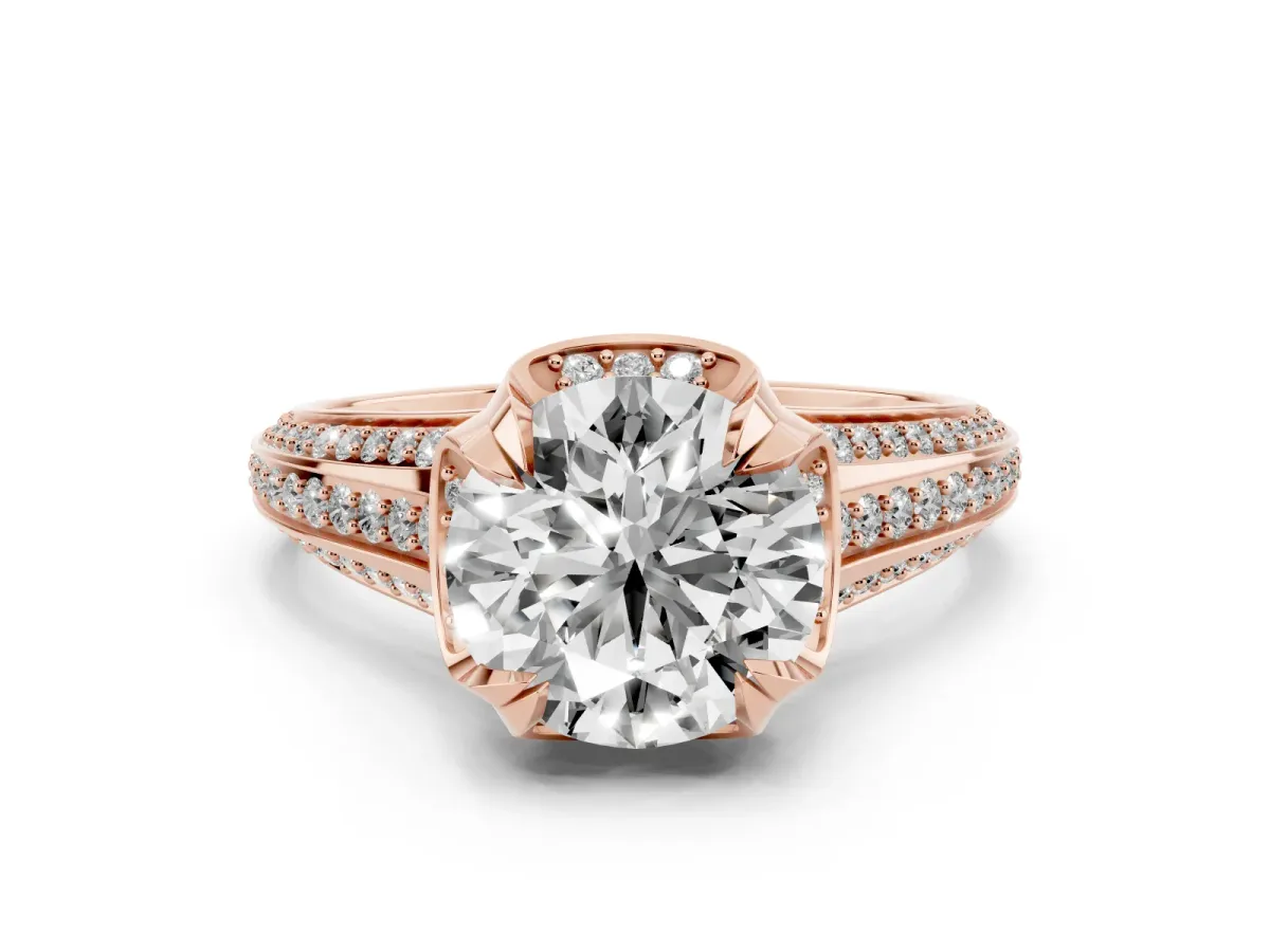 Round Cut Solitaire Pave Split Shank Ring with Four-Prong Setting Rose gold