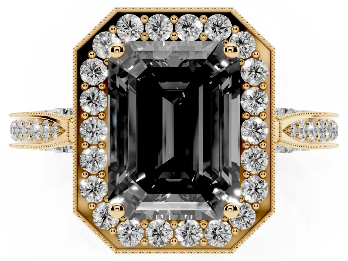 Fancy Black Emerald Cut Halo Diamond Engagement Ring with Split Shank Band and Four-Prong Setting Yellow gold