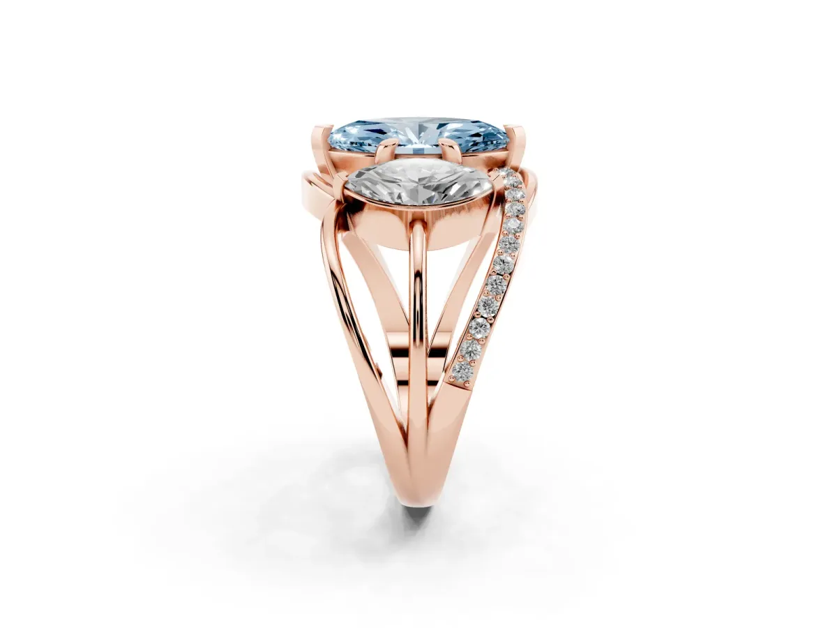 Fancy Blue Three-Stone Marquise Cut Cut Diamond Split Shank Prong Set Ring Rose gold