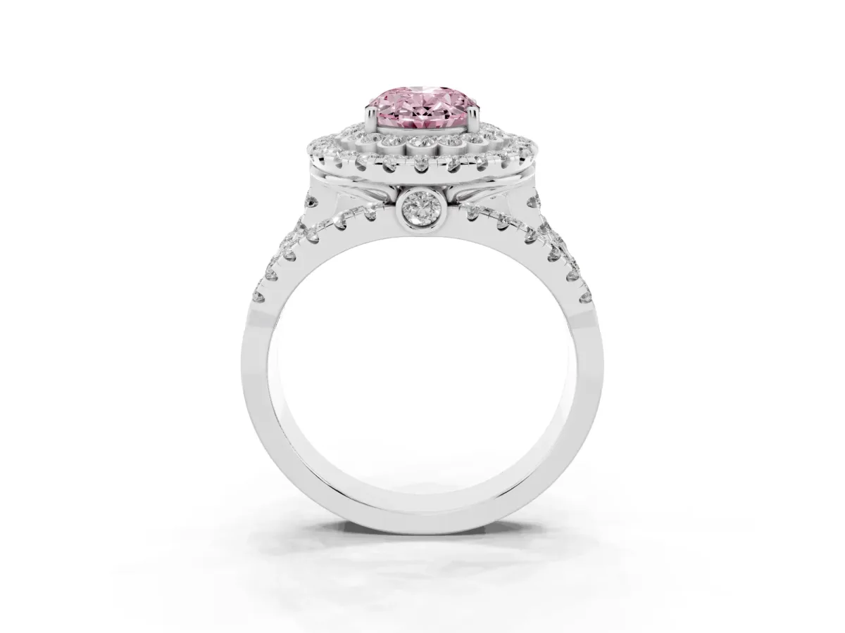 Fancy Pink Oval Cut Diamond Double Halo Ring with Round Pavé Split Shank and Prong Setting Silver
